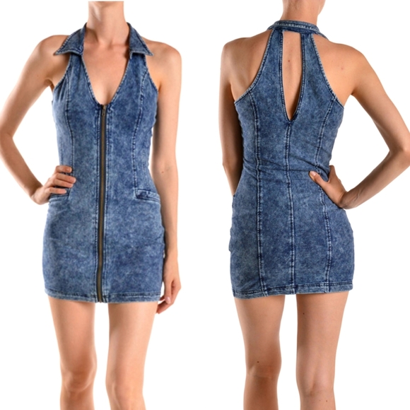 New knit acid wash zipper short denim mini dress size Medium - Picture 1 of 8